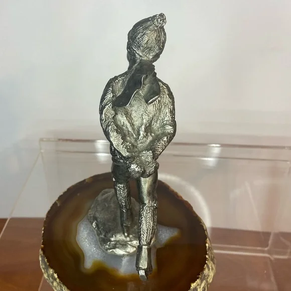 Bronze Figure, Young Boy Skating on a Lake of Banded Agate, Signed/Dated